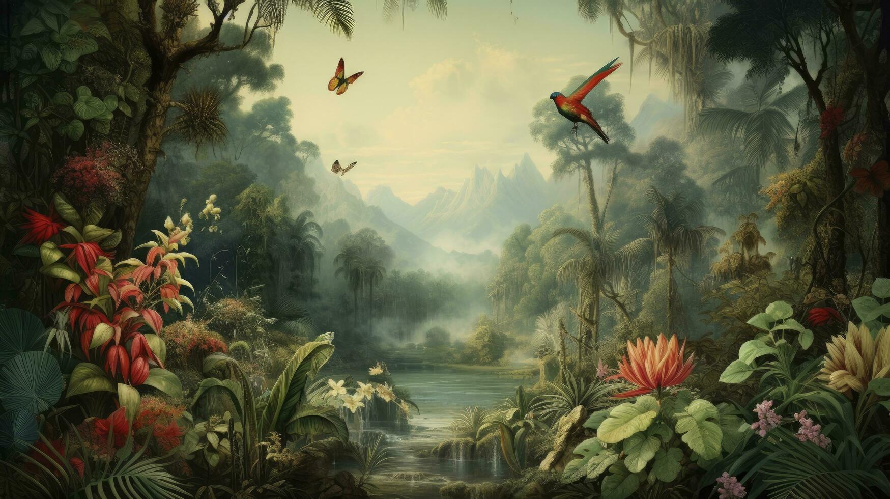 ai generado fondo de pantalla selva y hojas tropical bosque mural río y aves mariposas antiguo dibujo Clásico antecedentes foto