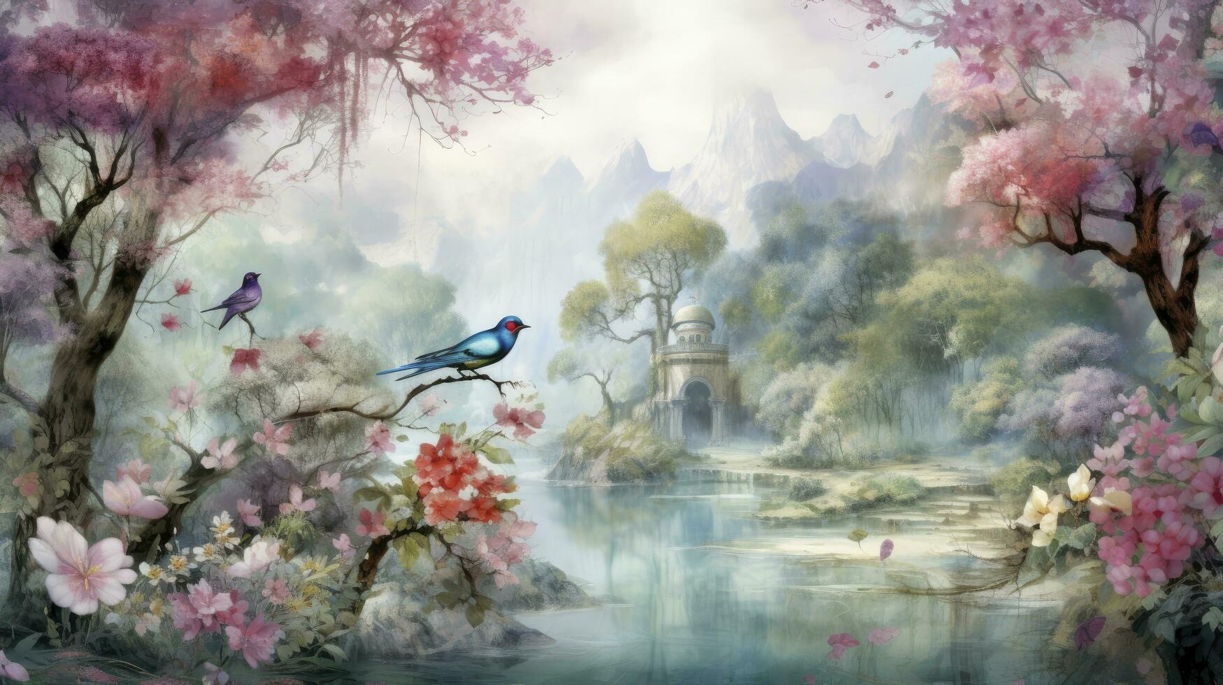 AI generated Wallpaper Featuring a Watercolor Painting of a Forest Landscape with a Serene Lake, Flourishing Plants, Towering Trees, Elegant Roses, Graceful Birds, and Intriguing Insects. photo