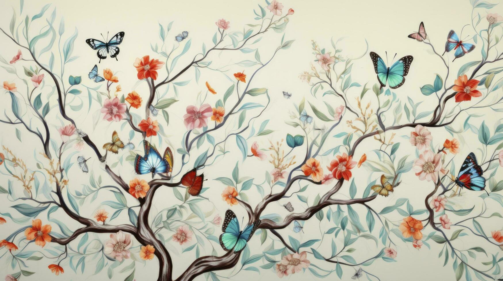 AI generated Drawing of the pattern of wild flowers with their branches and graceful butterflies in bright colors for walls. photo