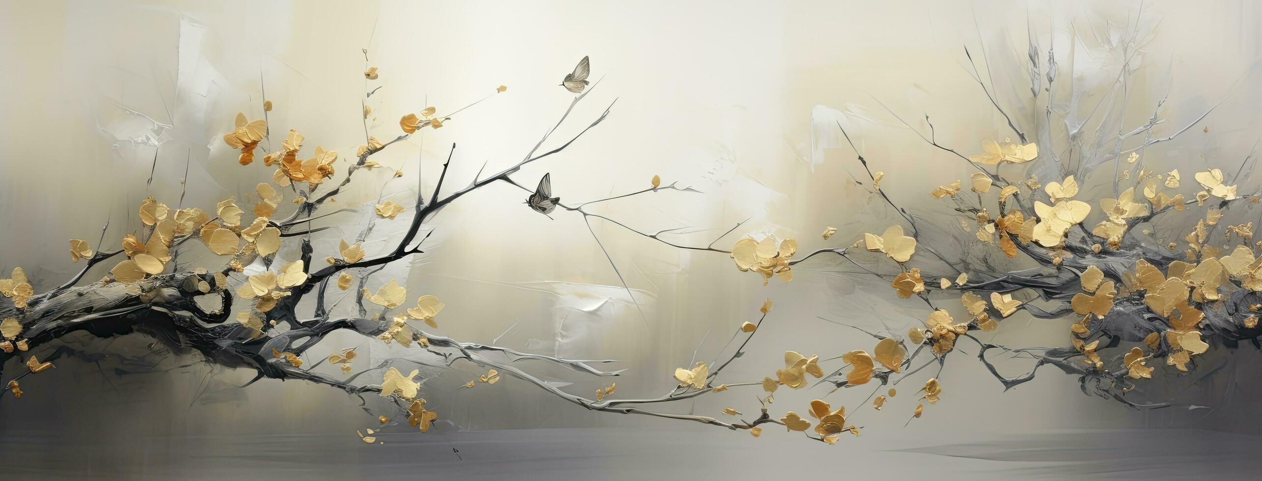 AI generated Golden Foliage Traditional Oil Painting Abstract in Grey and Beige Textured Tones, Featuring Gold Foliage Against a Rich Black Canvas. photo