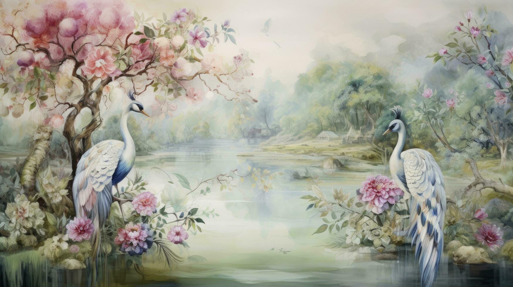 AI generated Wallpaper watercolour painting of a forest landscape with a lake, plants, trees, roses, birds, peacocks, butterflies and insects photo