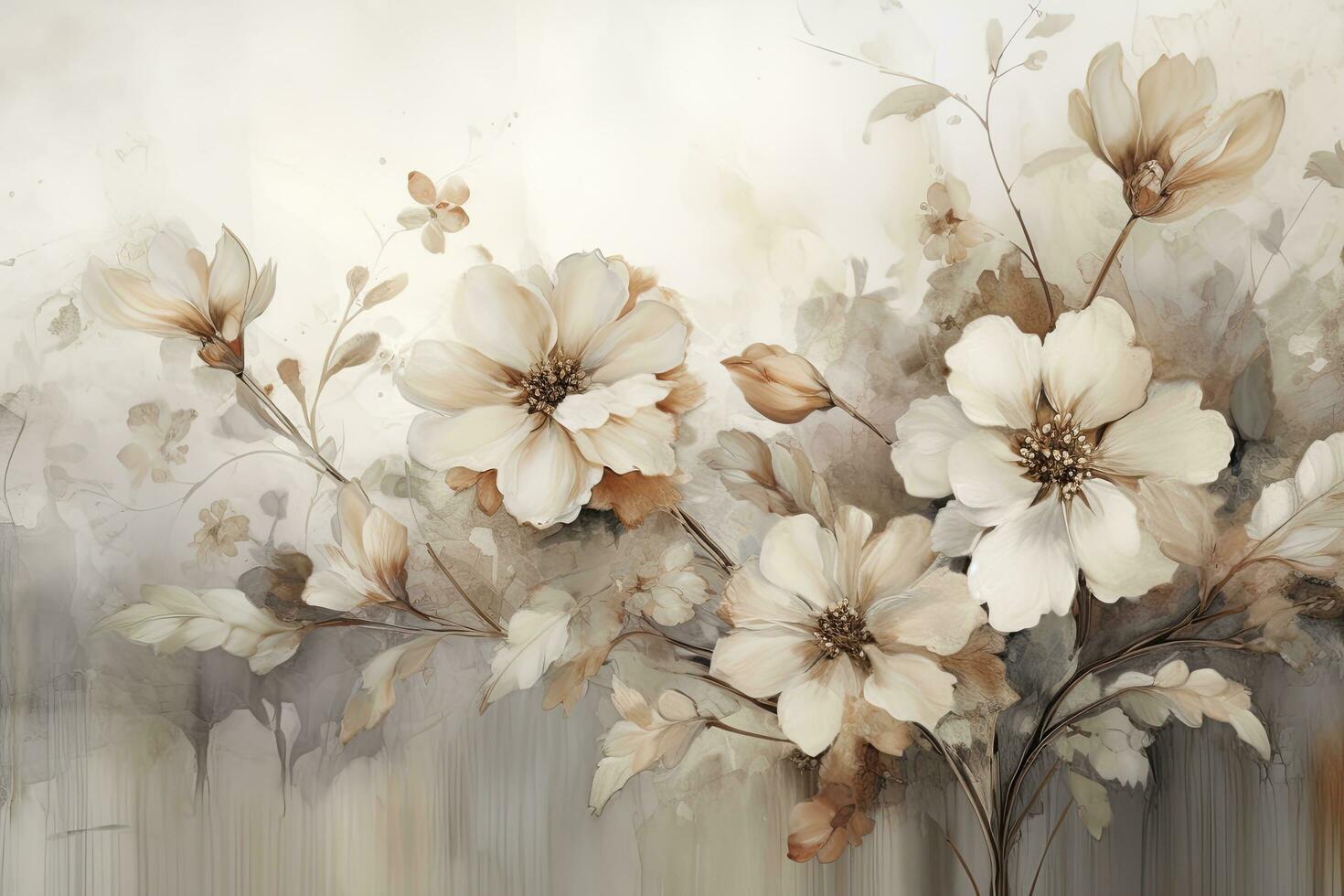 AI generated Art Print Dreamy Watercolor Scenes of Flowers in Beige, Brown, and Ochre, Infused with Soft Focus Romanticism, Mural Painting, and a Naturalist Aesthetic. photo