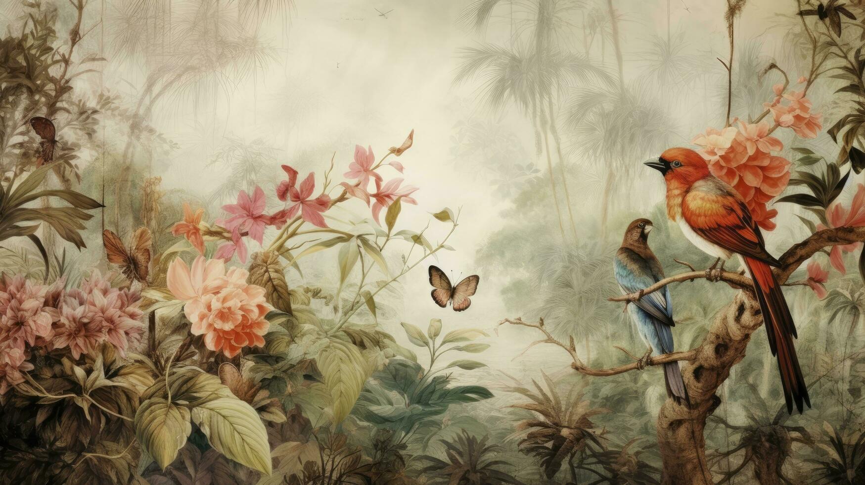 AI generated Vintage Tropical Haven Wallpaper Depicting a Lush Jungle with Leaves, Exotic Birds, and Butterflies in an Old Drawing Vintage Style, Creating a Timeless Background. photo