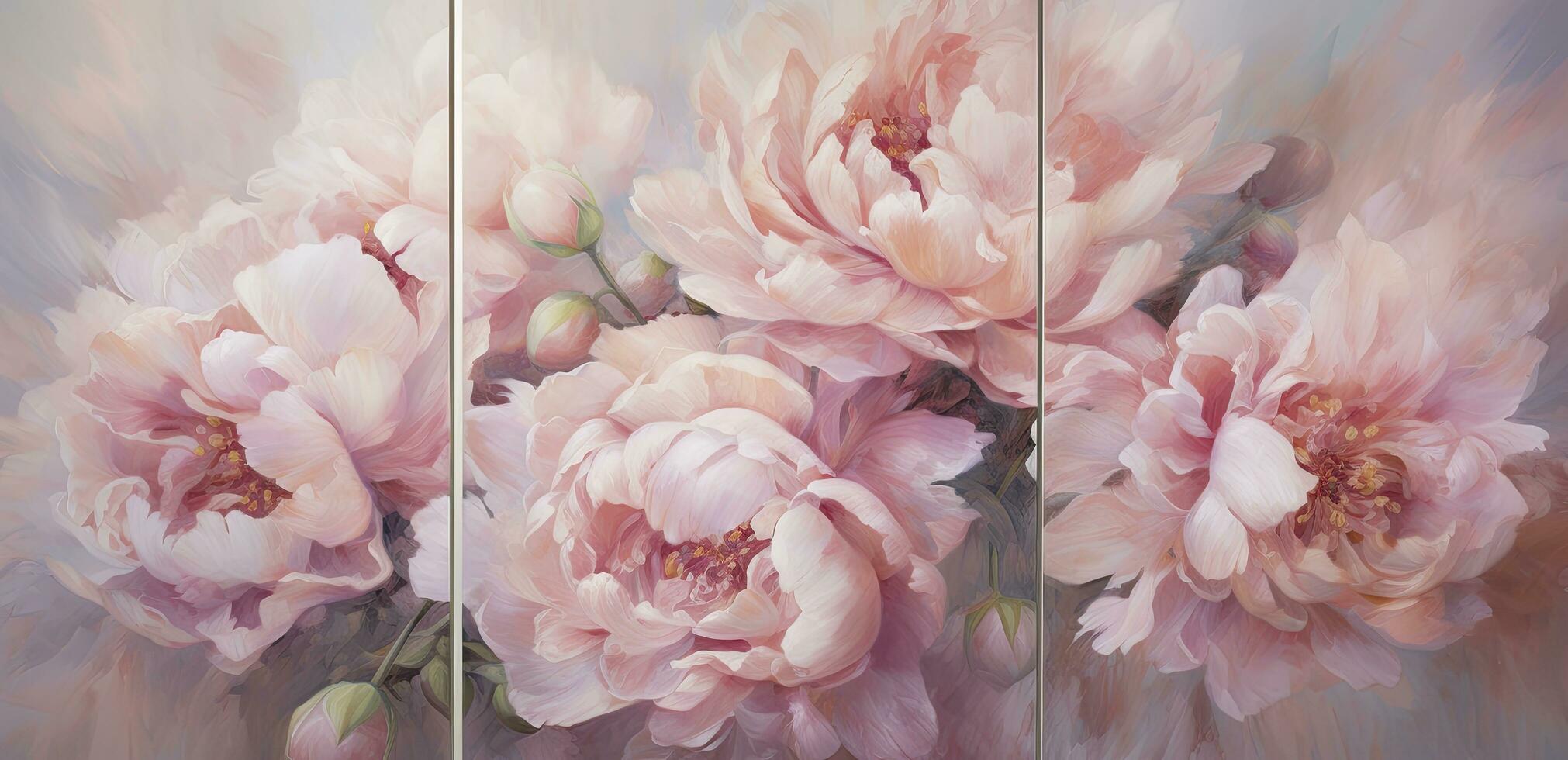 AI generated Asian Soft and Romantic Landscapes Featuring Traditional Flora, Showcasing the Beauty of Asian Peonies in Wall Art Paintings Inspired by Chinese and Japanese Culture. photo
