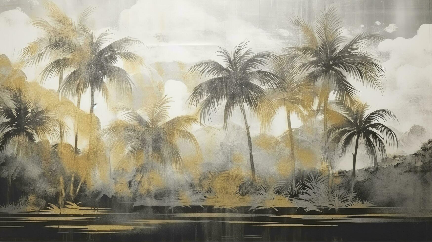 AI generated Tropical Opulence Abstract Textured Drawing of a Vintage Shaded Gold and Black Oil Painting, Featuring a Patterned Landscape of a Tropical Forest with Palm Trees. A Striking Artwork photo