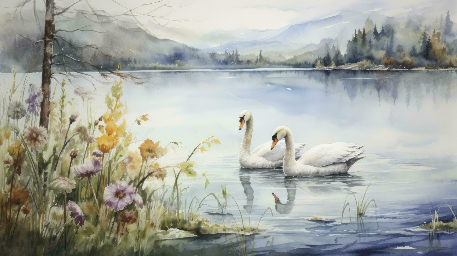 AI generated Watercolor painting of surrounding the lake with a pair of white geese photo