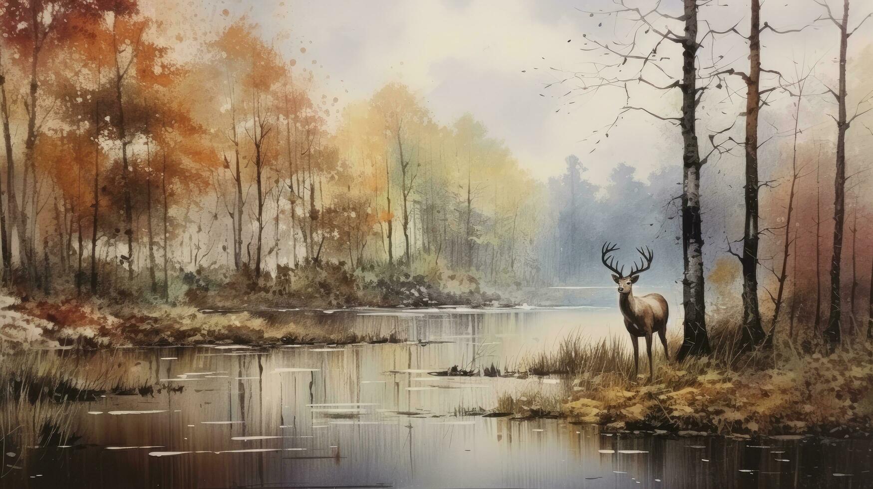 AI generated Autumn Serenity Vintage Watercolor Painting of a Forest, with Trees and Wildlife by a River Lake, Featuring Graceful Deer in a Timeless Landscape. photo