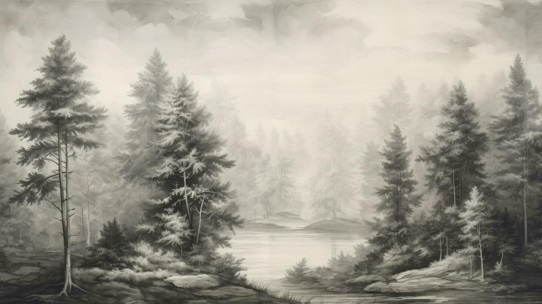 AI generated Wallpaper vintage drawing landscape forests of ancient European of trees wallpaper black and white Design for wallpaper, photo wallpaper, fresco, mural