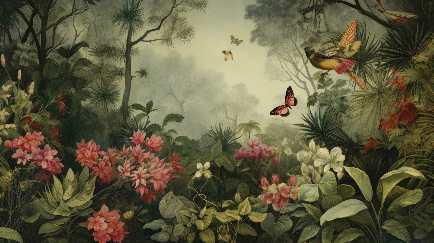 ai generado tropical fondo de pantalla presentando un selva de hojas, tropical bosque aves, y mariposas, hecho a mano en un antiguo dibujo Clásico estilo, Perfecto para pared Arte. foto