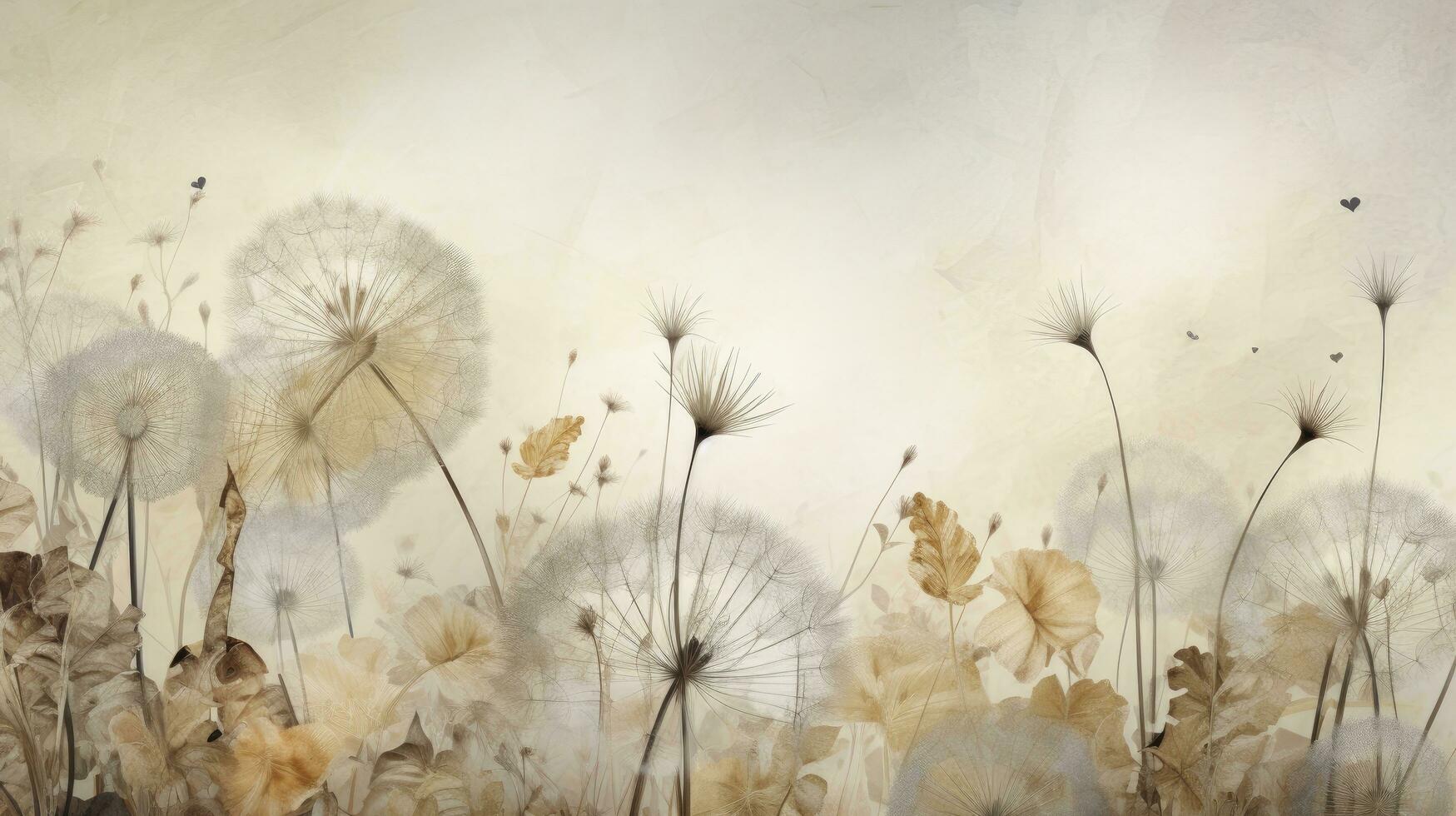 AI generated Autumn Wallpaper Featuring Tropical Dry Leaves and Flowers, Creating a Tranquil Atmosphere with Dandelions in the Grass on a Beige Background. photo