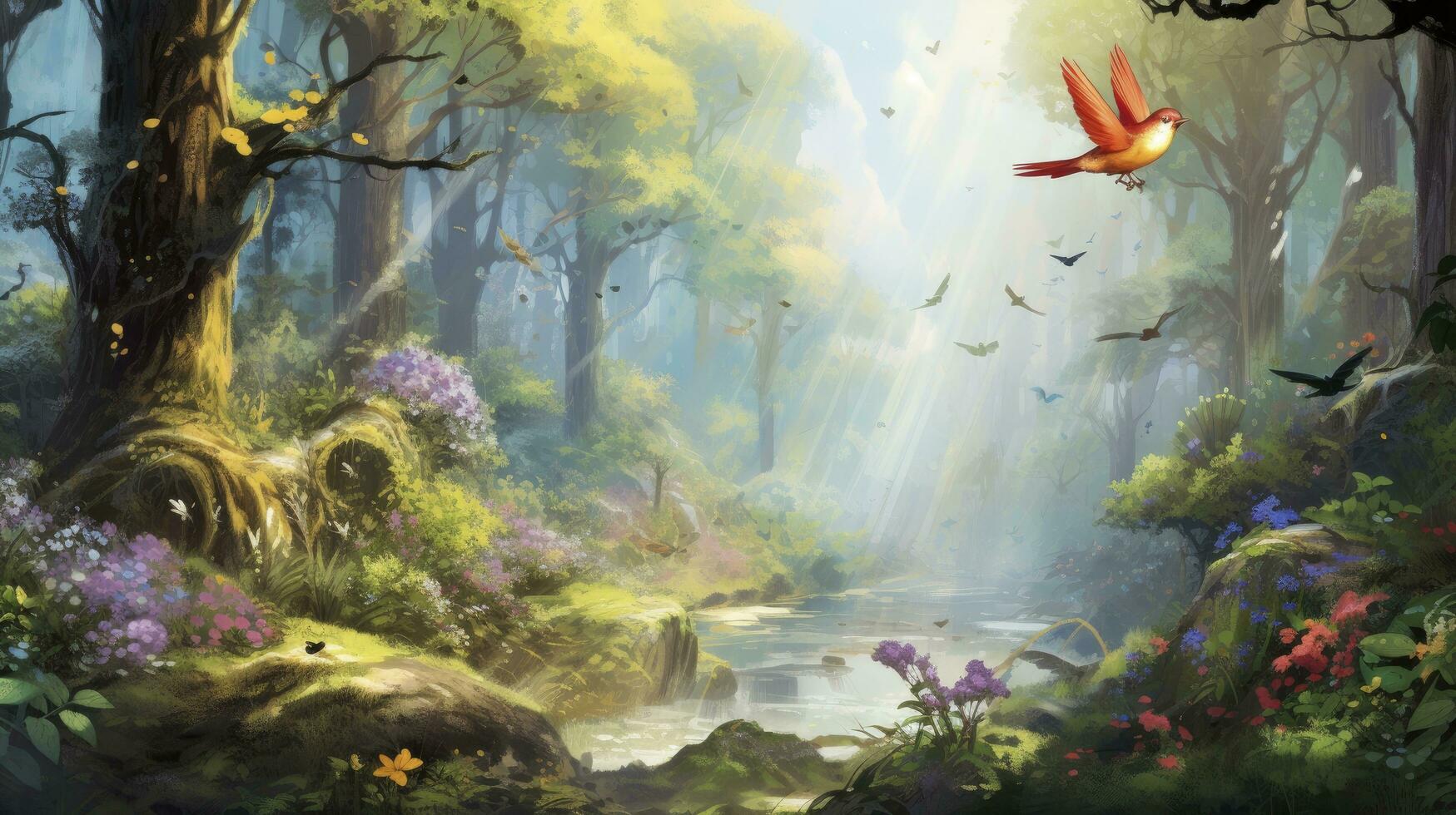 AI generated Digital Watercolor Harmony. A Lively Forest Landscape Painting with Birds, Butterflies, and Trees, Unifying Bright Colors in a Consistent and Enchanting Style. photo