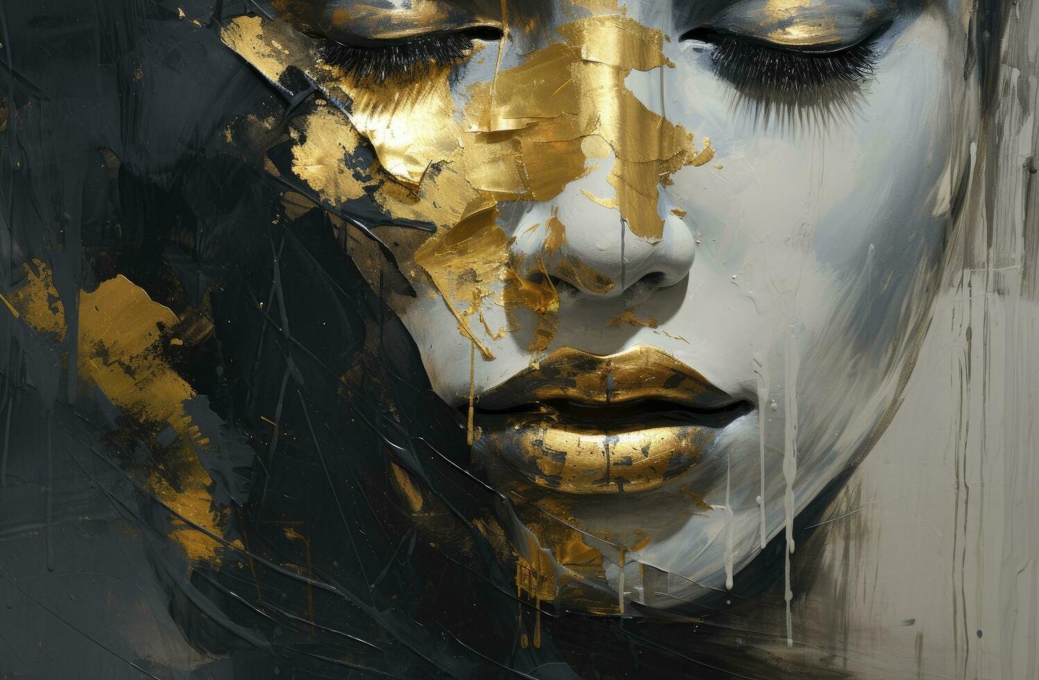 AI generated A Black and White Grayscale Painting of a Woman Adorned in Gold, Embracing Dark Romantic Elements with an Abstract and Expressive Face. Wall Art. photo