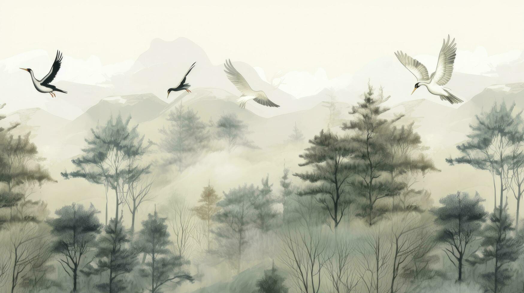 AI generated Wallpaper of a forest pattern of trees with cranes in a landscape and flying birds in light colors photo