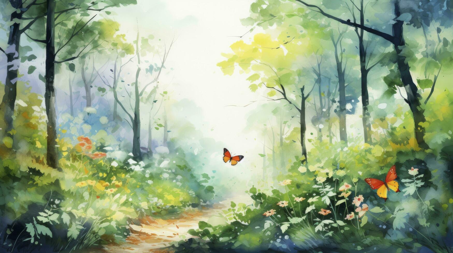 AI generated Digital Watercolor Harmony. A Lively Forest Landscape Painting with Birds, Butterflies, and Trees, Unifying Bright Colors in a Consistent and Enchanting Style. photo