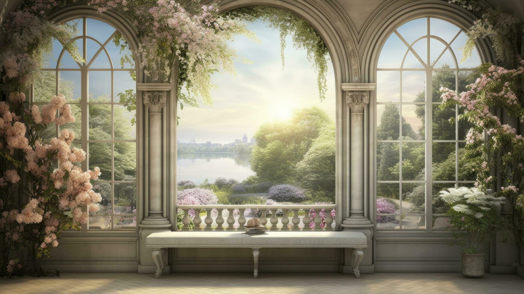 AI generated Wallpaper Featuring a Classic Drawing of a Palace Garden with Stone Arches Overlooking the River, Surrounded by Nature's Beauty - Trees, Flowers, and Birds - All Crafted in a Vintage photo