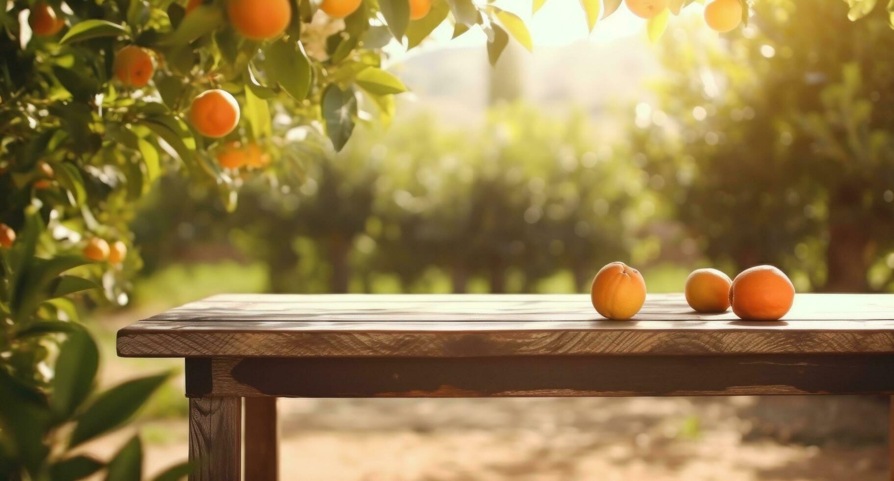 AI generated wooden table in an orange orchard photo
