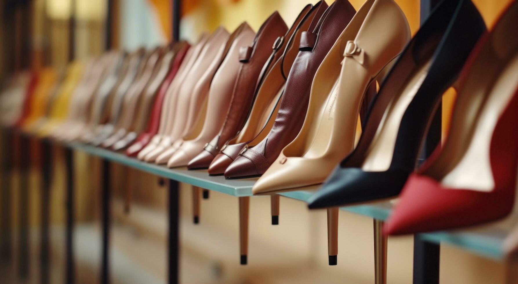 AI generated women high heel shoes are lined up in row and hung on rack photo