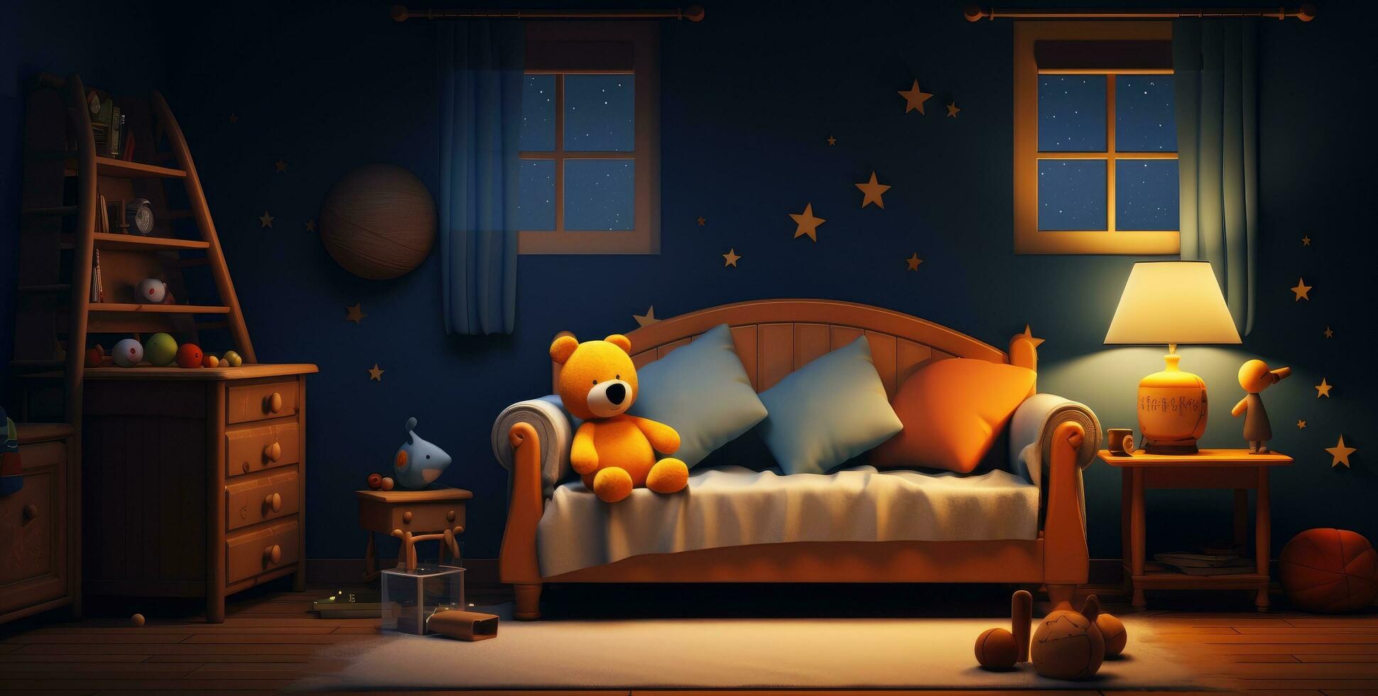 AI generated a baby's room with a toy on the sofa and teddy bear in the background photo