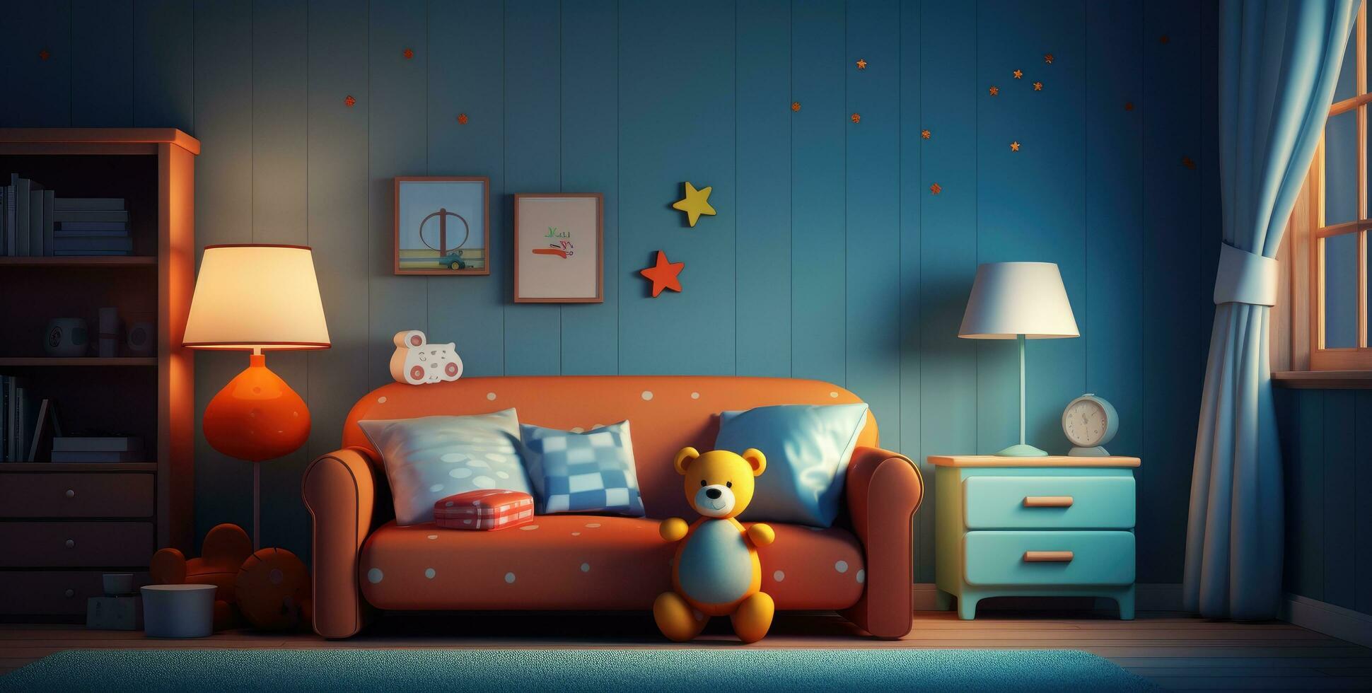 AI generated a baby's room with a toy on the sofa and teddy bear in the background photo