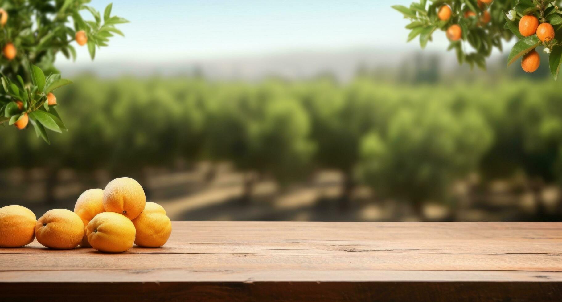 AI generated wooden table in an orange orchard photo