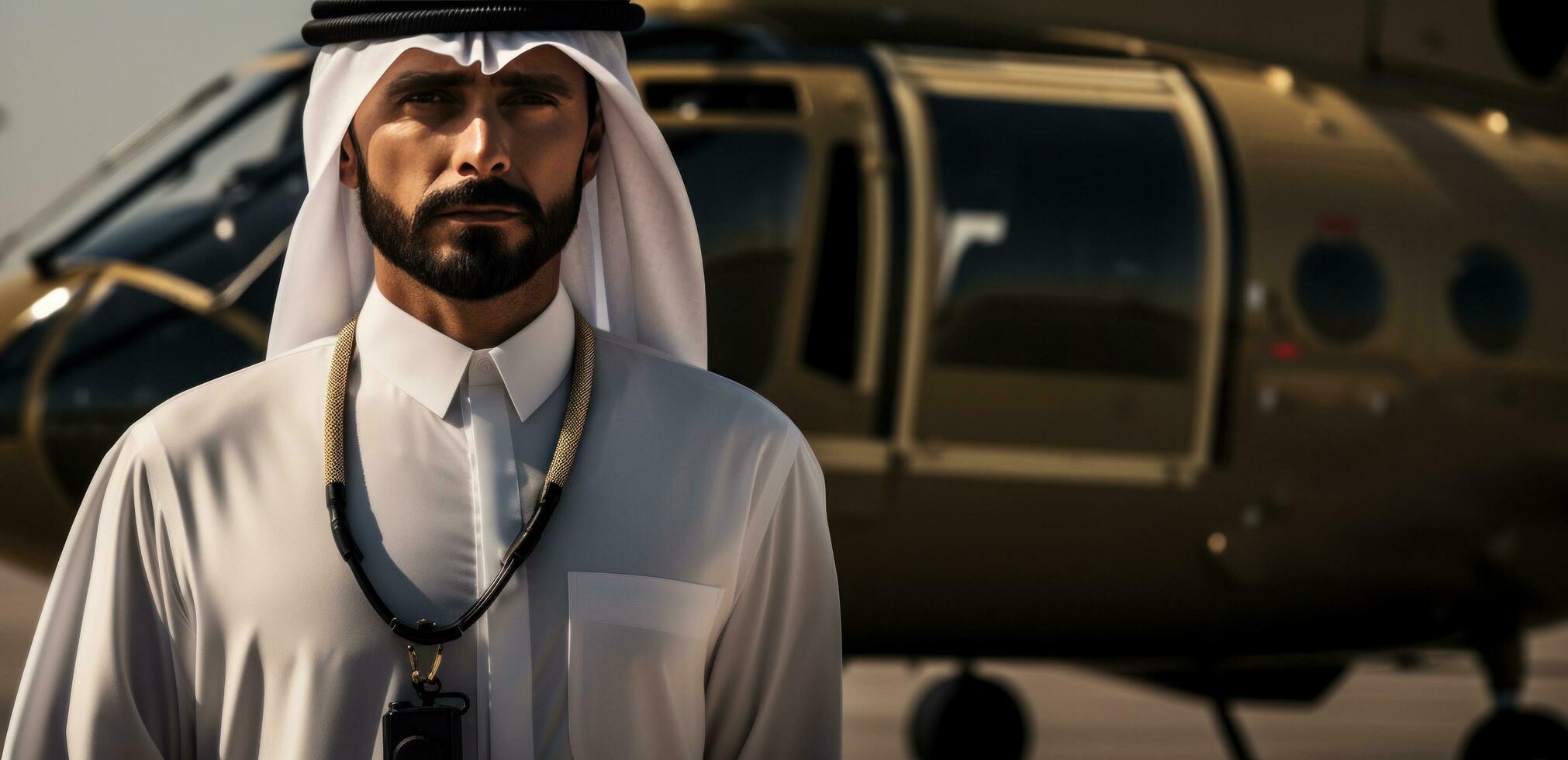 AI generated the man, wearing an uae uniform, looks at the helicopter photo