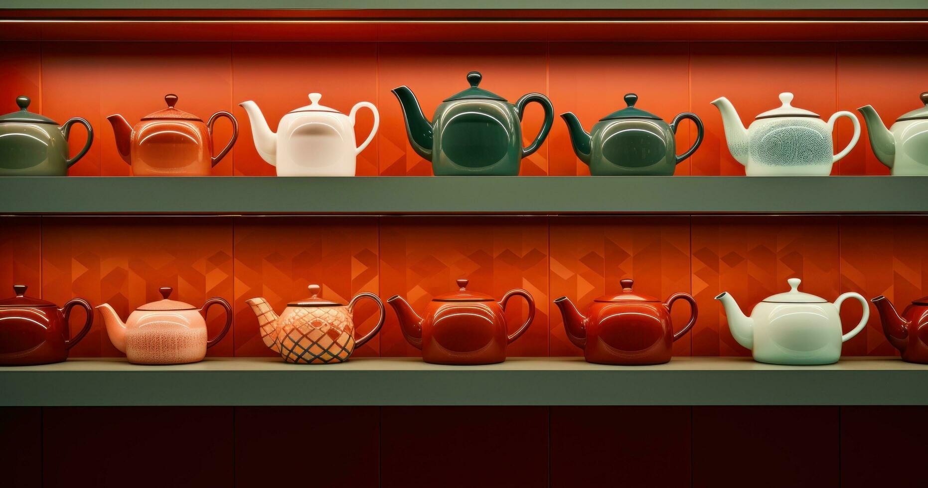 AI generated several tea pots and cups on a counter with tiled shelves photo