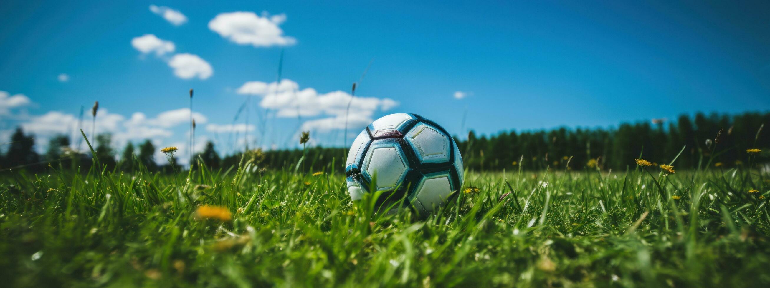 ai generado fútbol pelota con portero en herboso campo foto