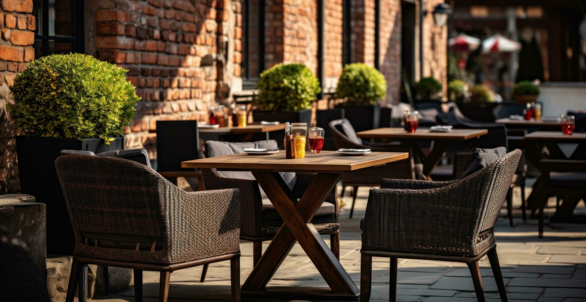 AI generated outdoor restaurant sitting chairs with tables outside next to a brick street wall photo