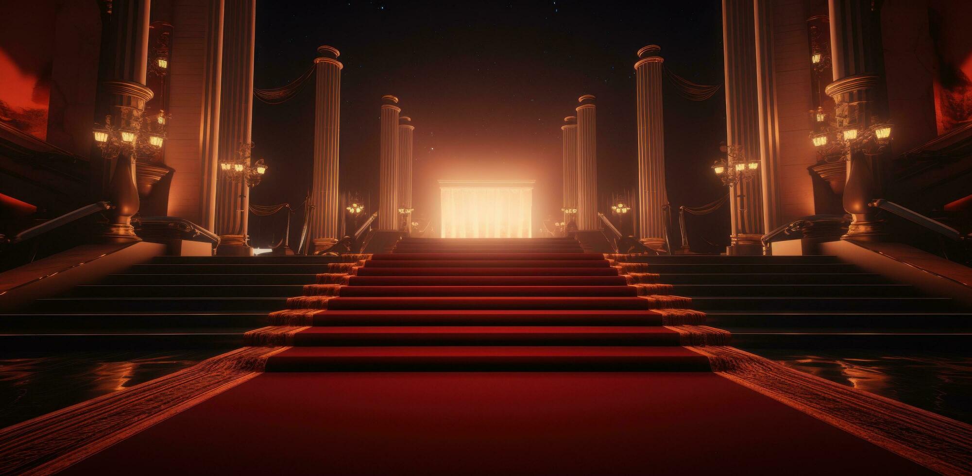 AI generated red carpet and gold ropes at a golden staircase photo