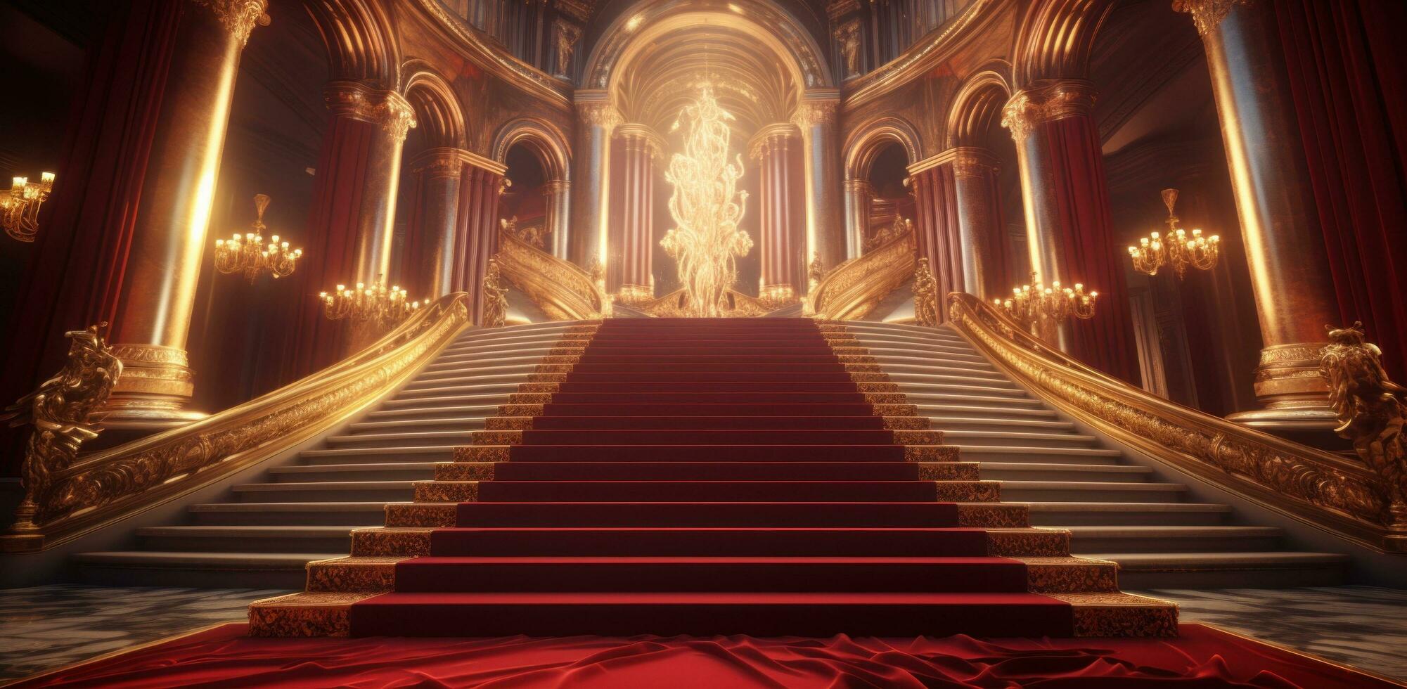 AI generated red carpet and gold ropes at a golden staircase photo