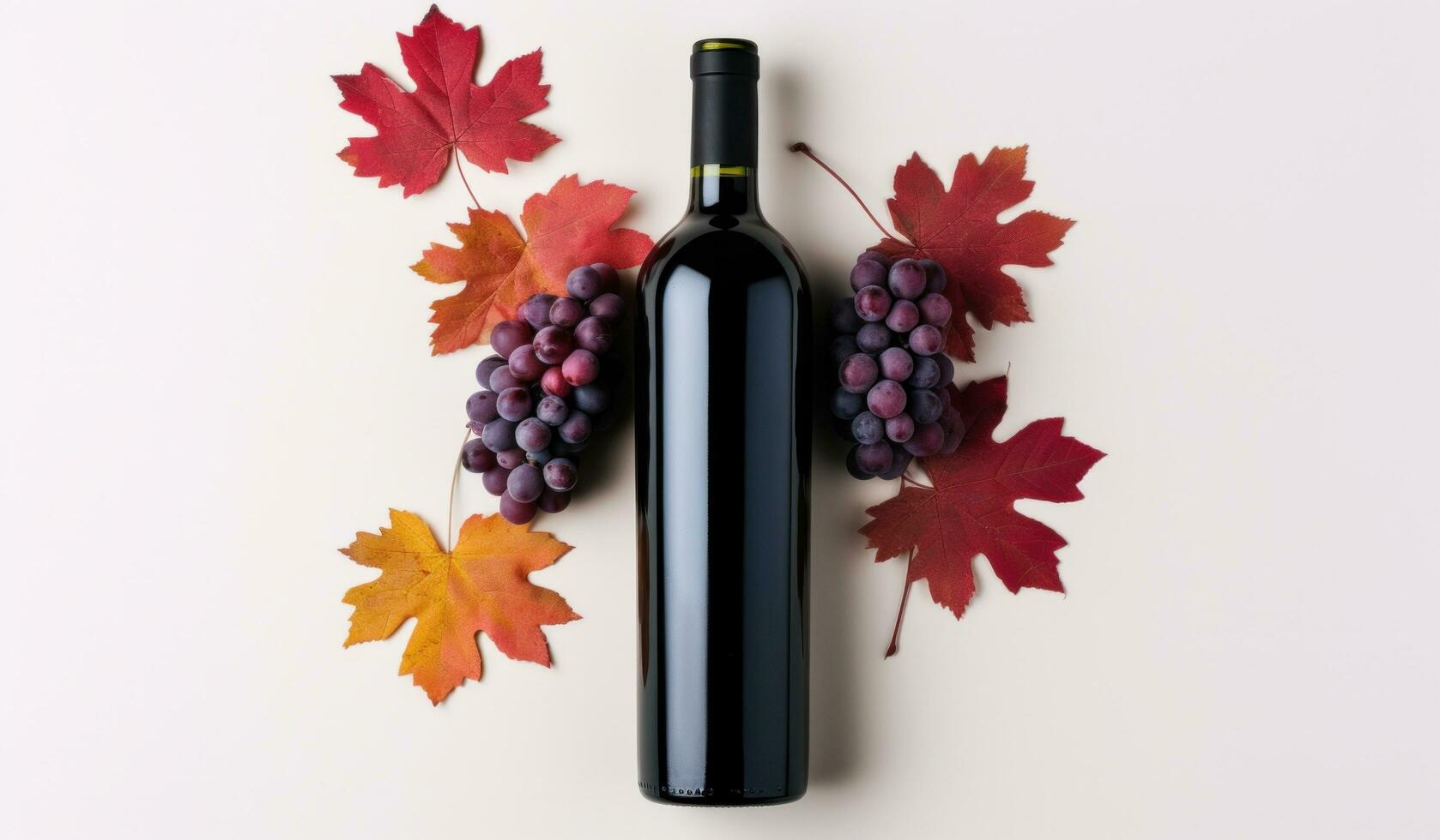 AI generated red wine bottle with autumn leaves on a white background photo