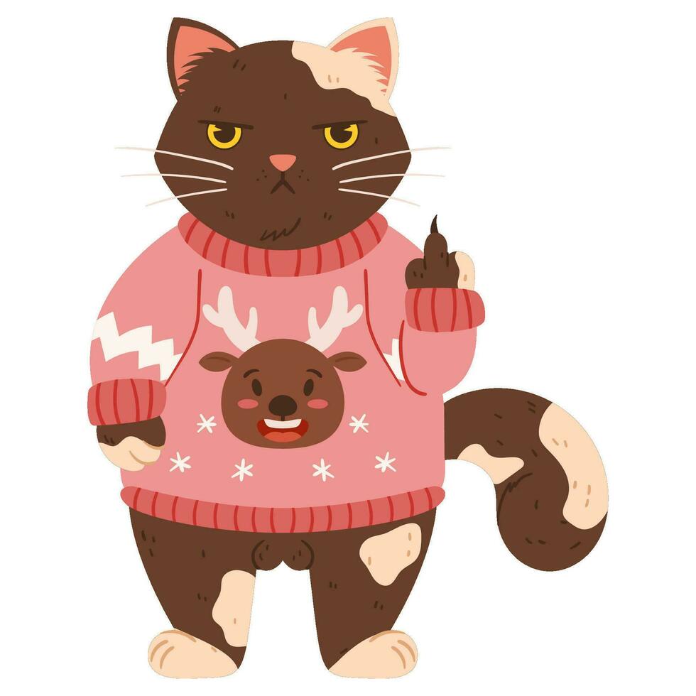 un descontento gato soportes en un Navidad suéter y muestra su medio dedo. gruñón mullido gato es un marrón de colores vistiendo un rosado suéter y un dibujo de un alegre reno en él. vector