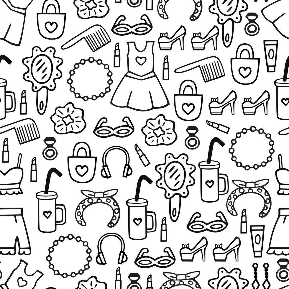 Women clothes and accessories, hand drawn doodle seamless pattern. vector