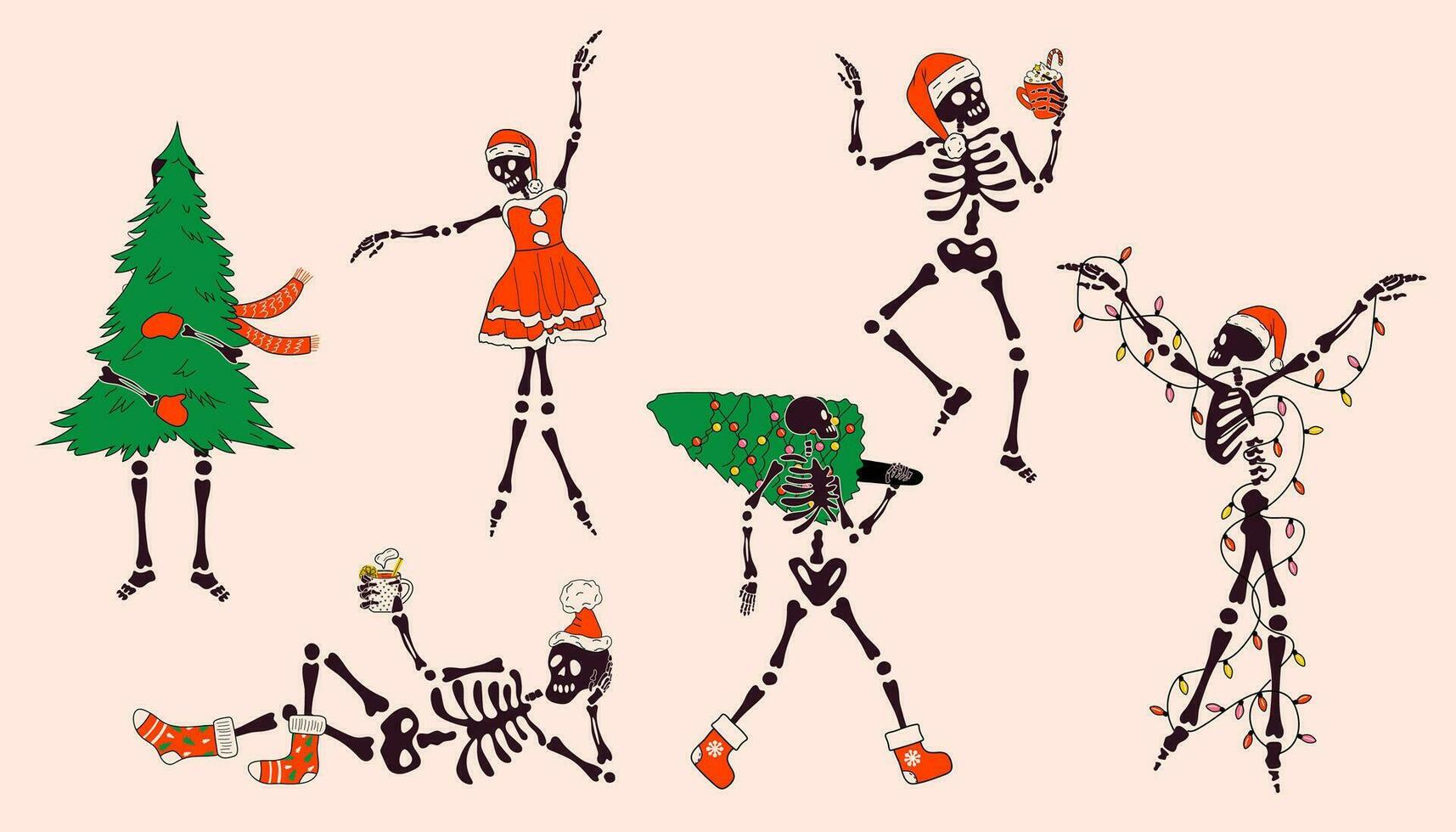 Set of Funny Skeleton with with decoration christmas. Cute character Skeleton Bones vector