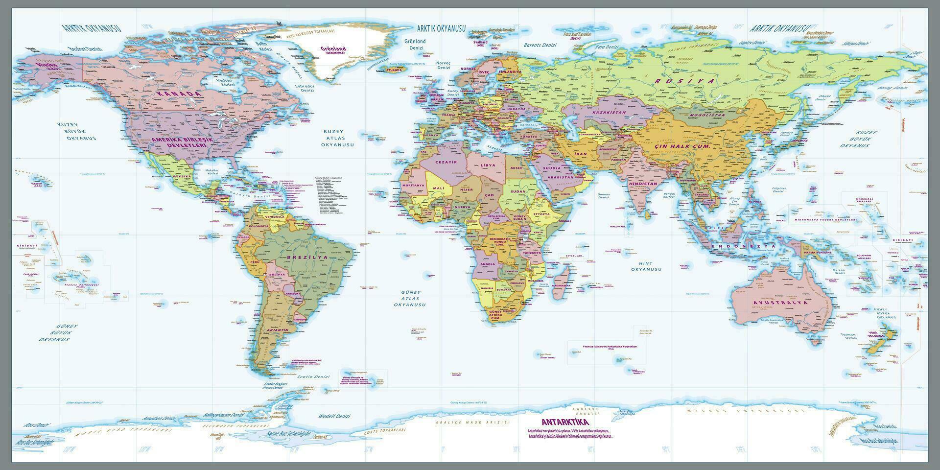 Turkish language Political world map Equirectangular projection vector