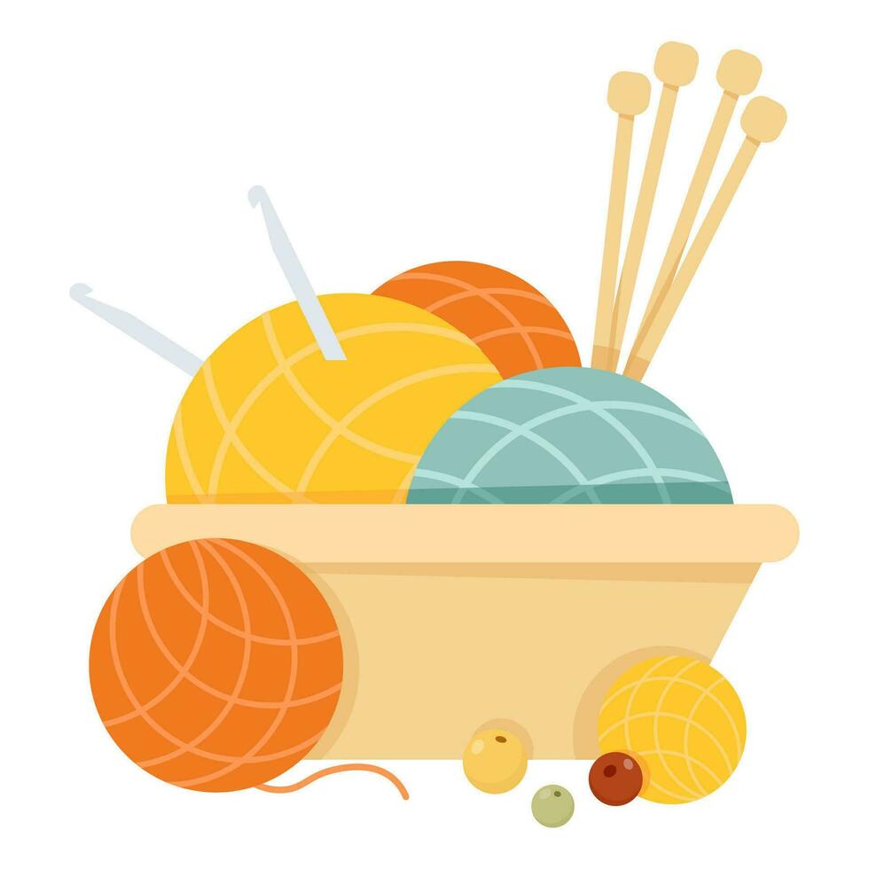 Knitting basket with different balls of yarn, knitting needles and beads vector