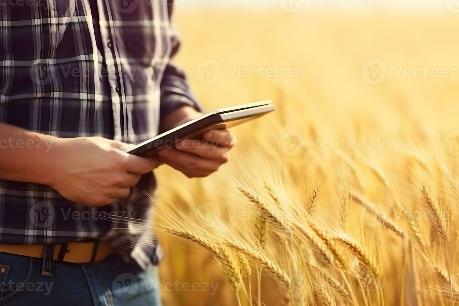 AI generated Farmer with a tablet computer in front of a sunset agricultural landscape. Neural network AI generated photo