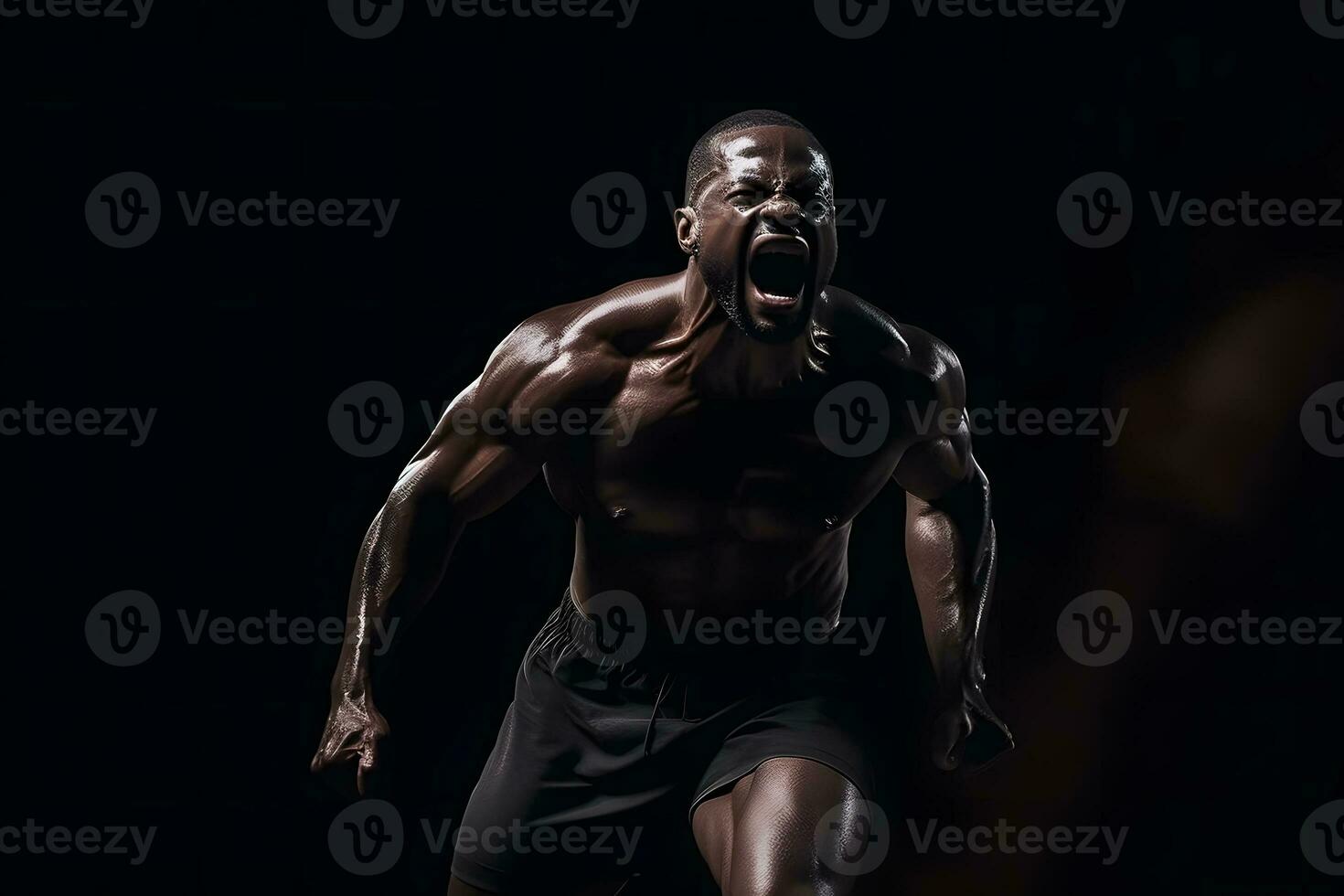 AI generated bodybuilder athlete screaming on black background. Neural network AI generated photo