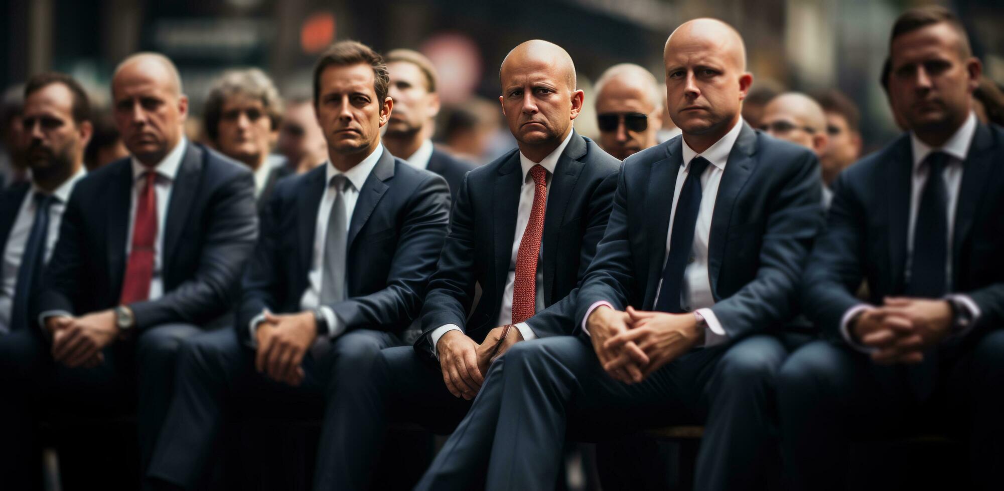 AI generated men in business suits line up in a courtroom photo