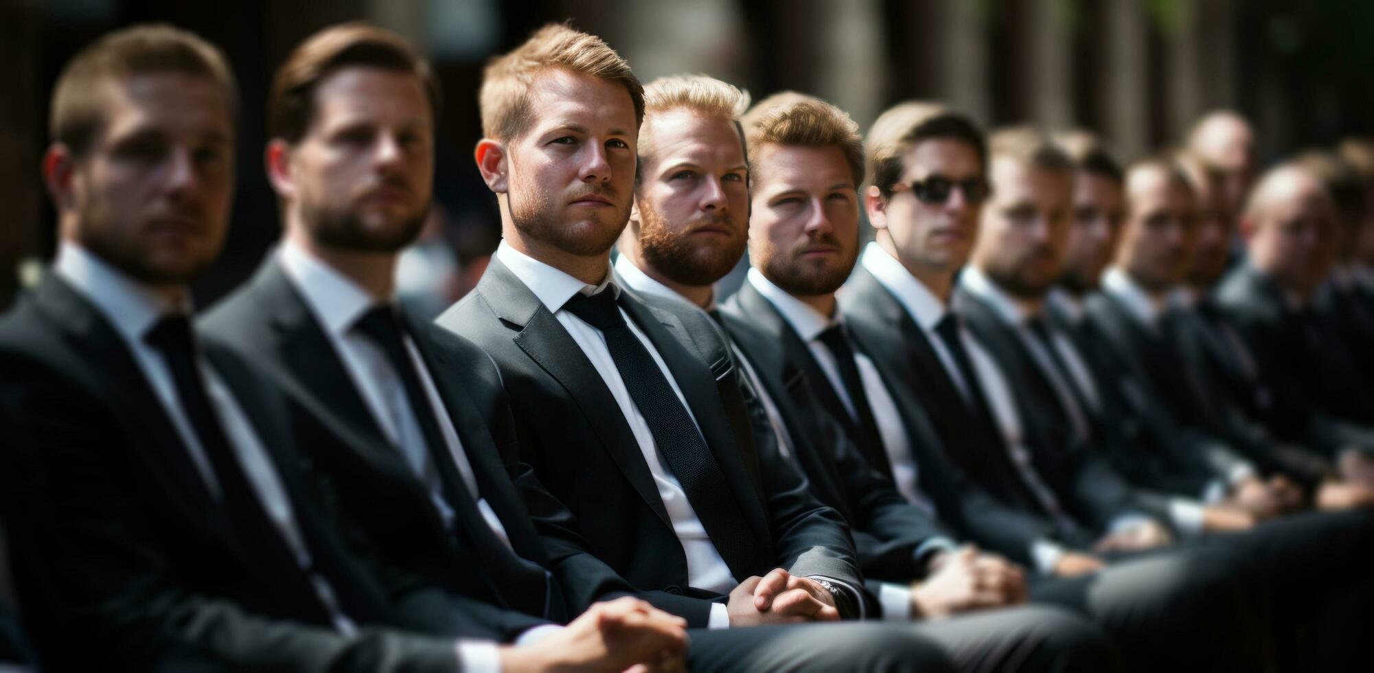 AI generated men in business suits line up in a courtroom photo