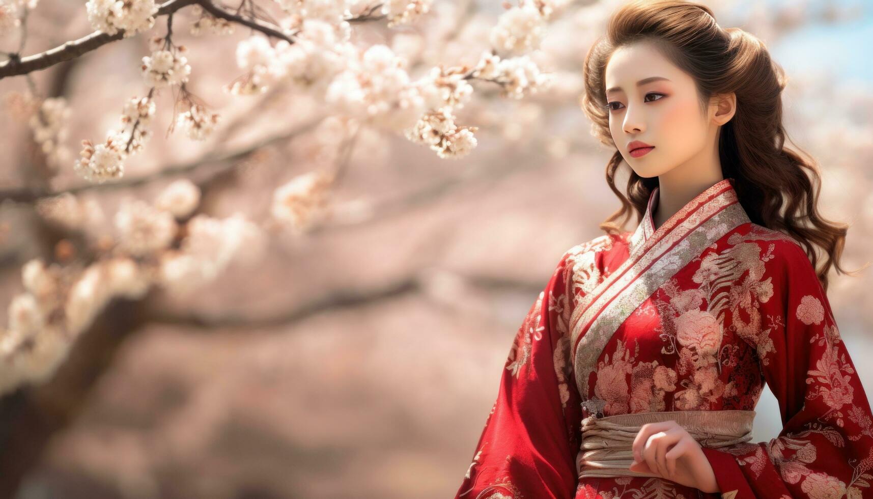 AI generated woman of chinese heritage in a traditional outfit walking through blossoming trees photo