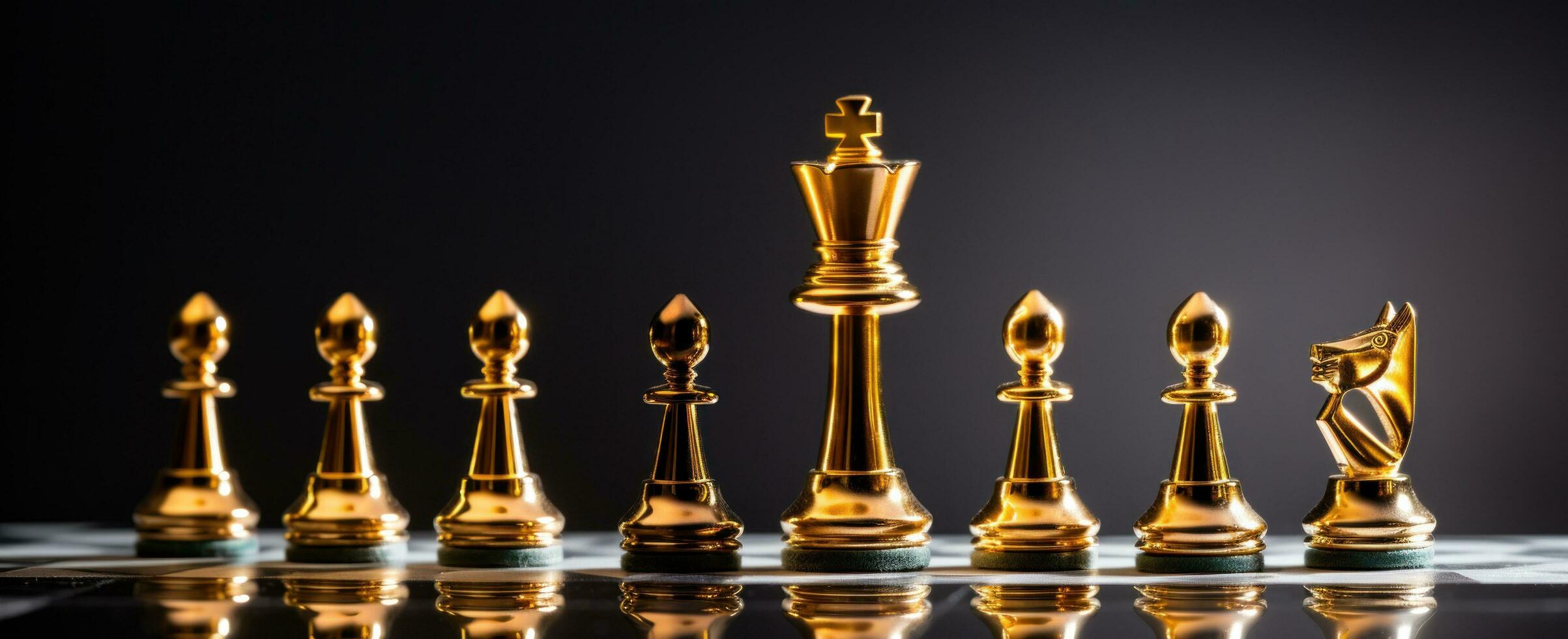 AI generated gold chess pieces on a dark background photo