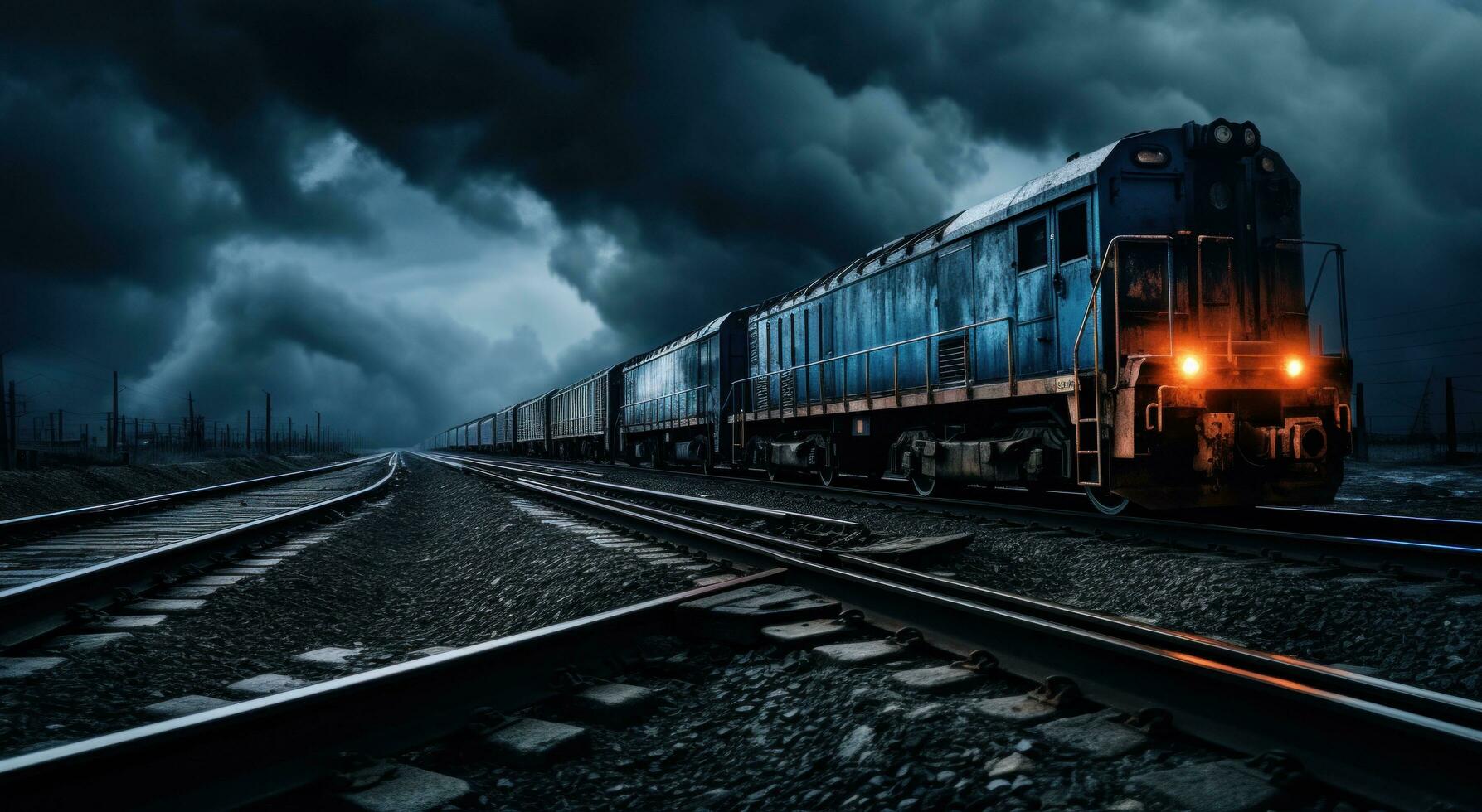 AI generated freight cargo train traveling on train tracks on dark sky photo
