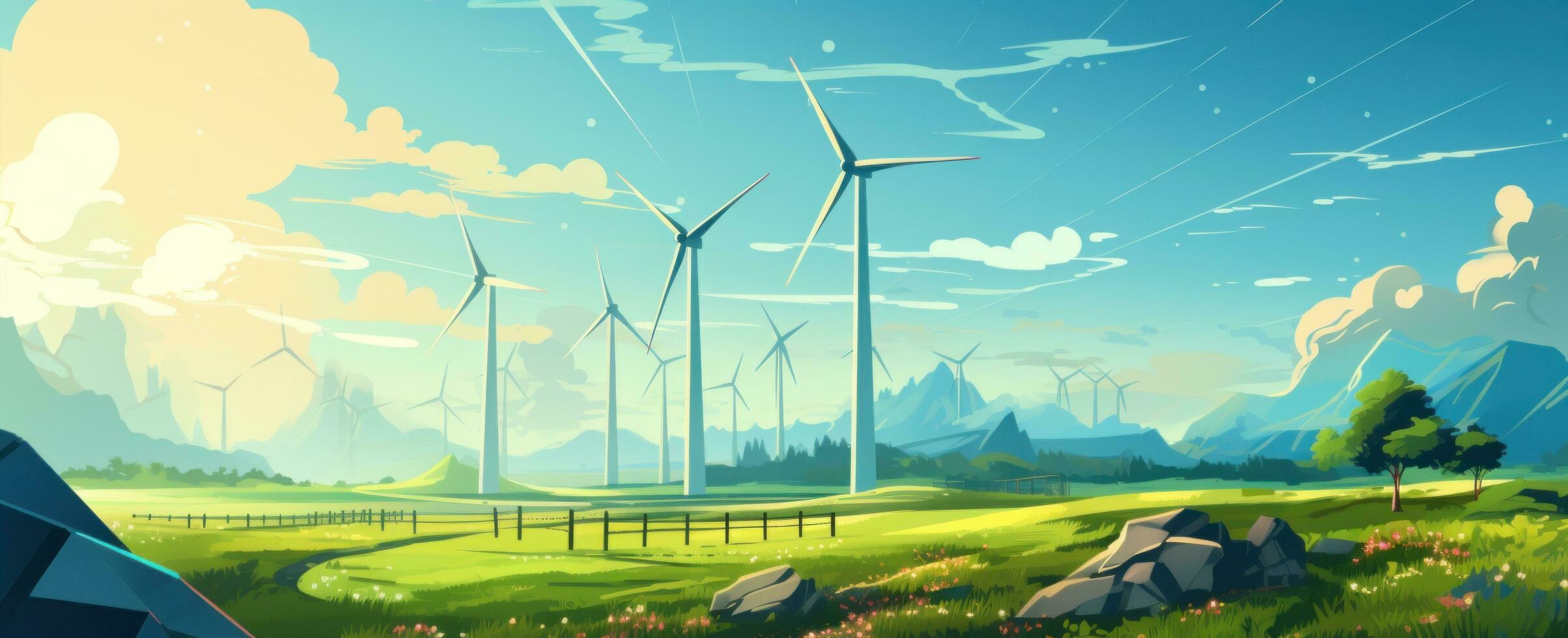 AI generated solar panelling and windmills in a field photo
