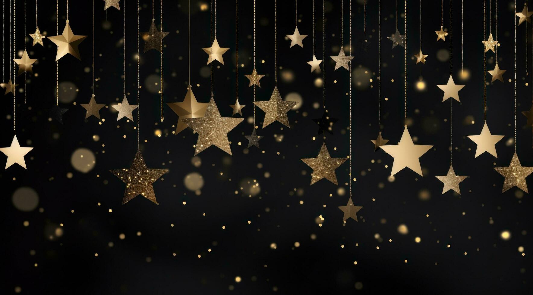 AI generated hanging golden stars on starry night background photo