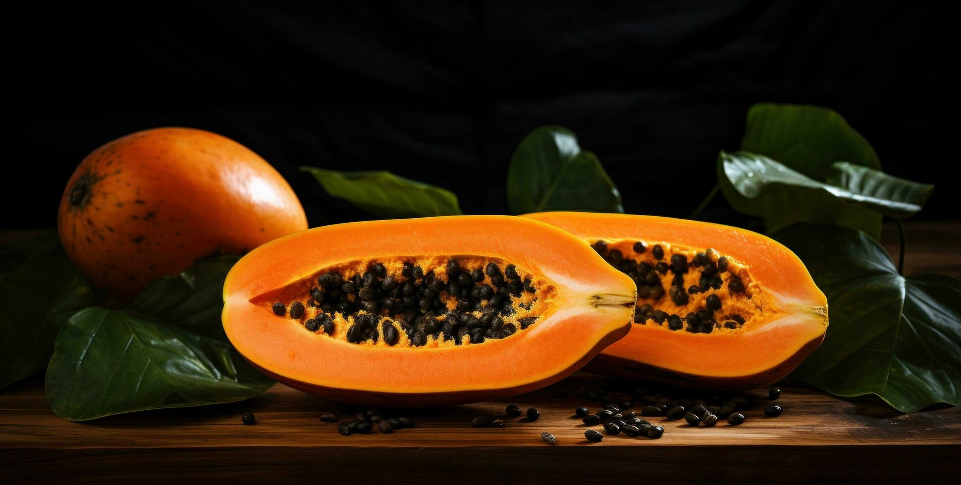 AI generated papaya cut in half on a wooden wooden board with leaves photo