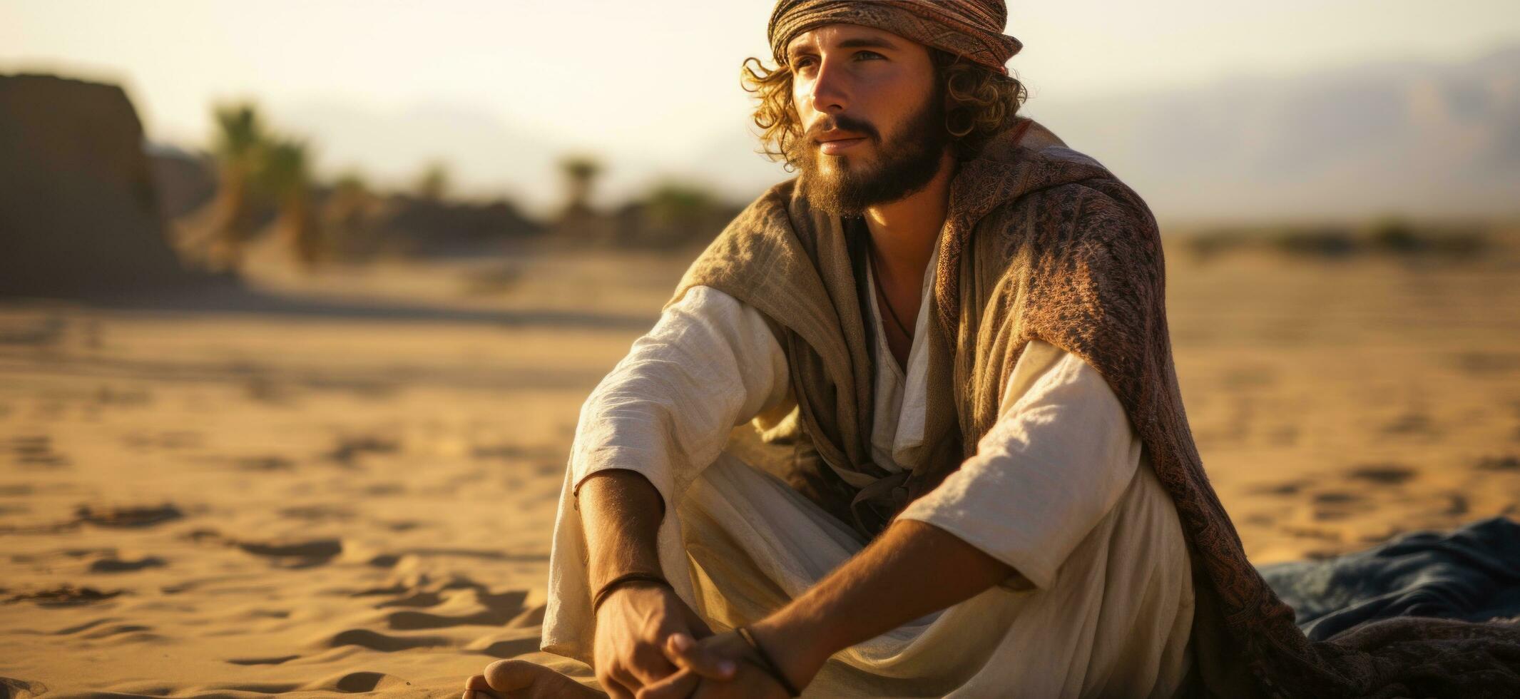 ai generado hombre en Desierto en un turbante con un abaya foto