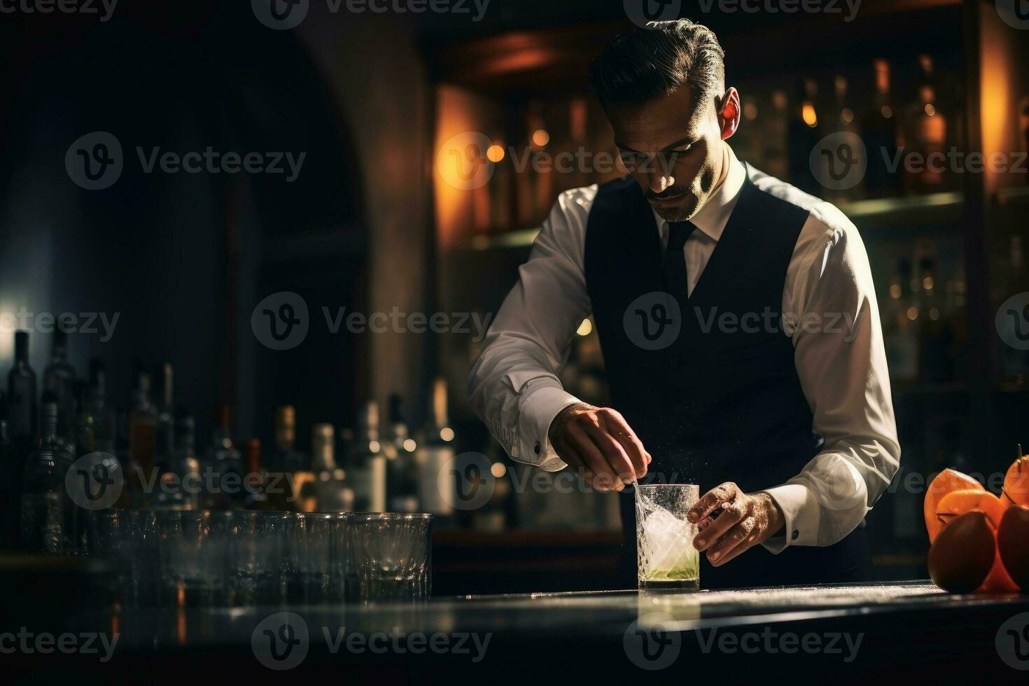 AI generated A barkeeper at work in a dark bar. AI generated photo