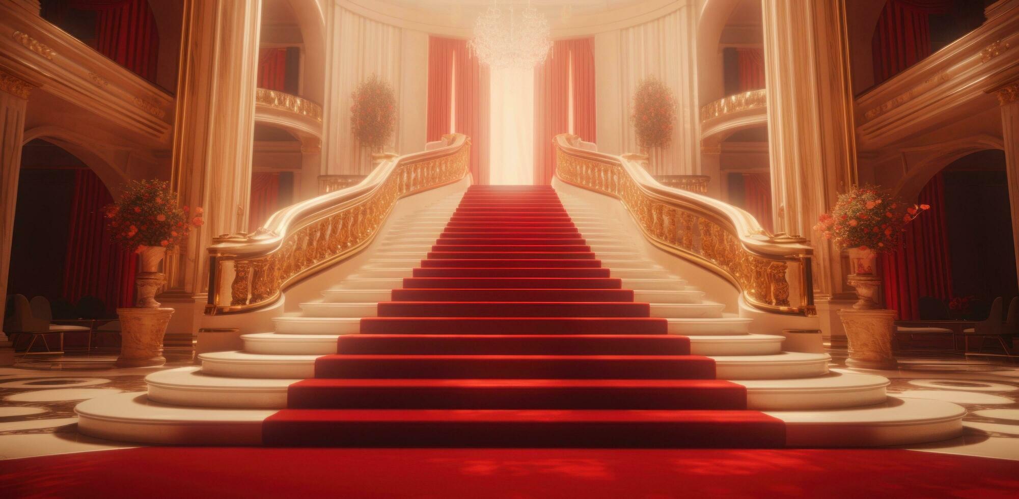 AI generated beautiful red carpet and the stairs leading into the lobby photo