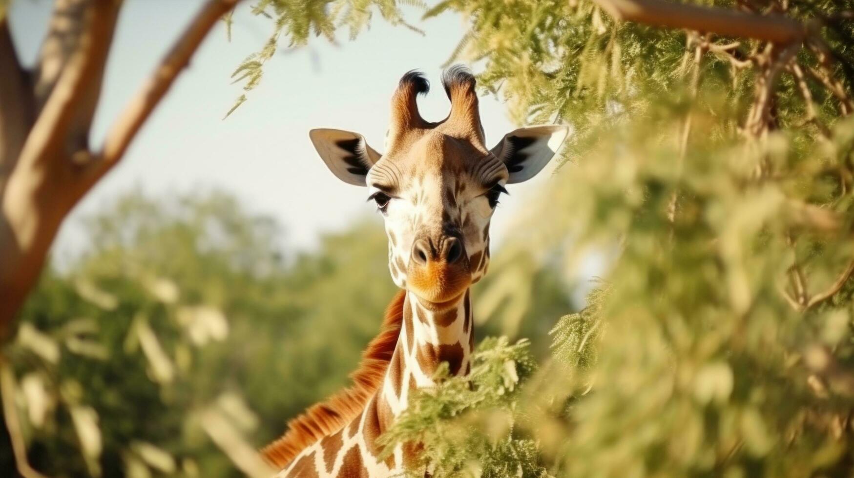 AI generated cute giraffe eats leaves from tree on Africa photo